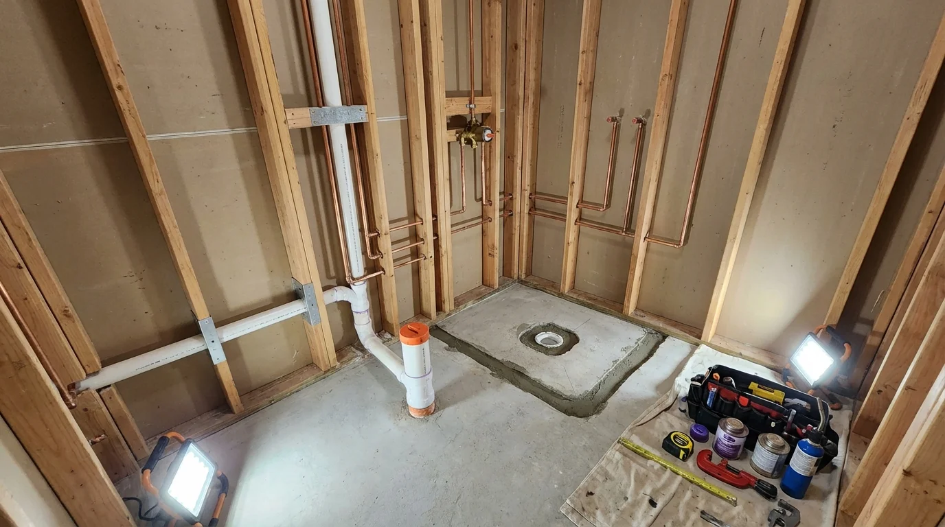 Bathroom rough-in plumbing during remodel by Johns Plumbing LLC in Grants