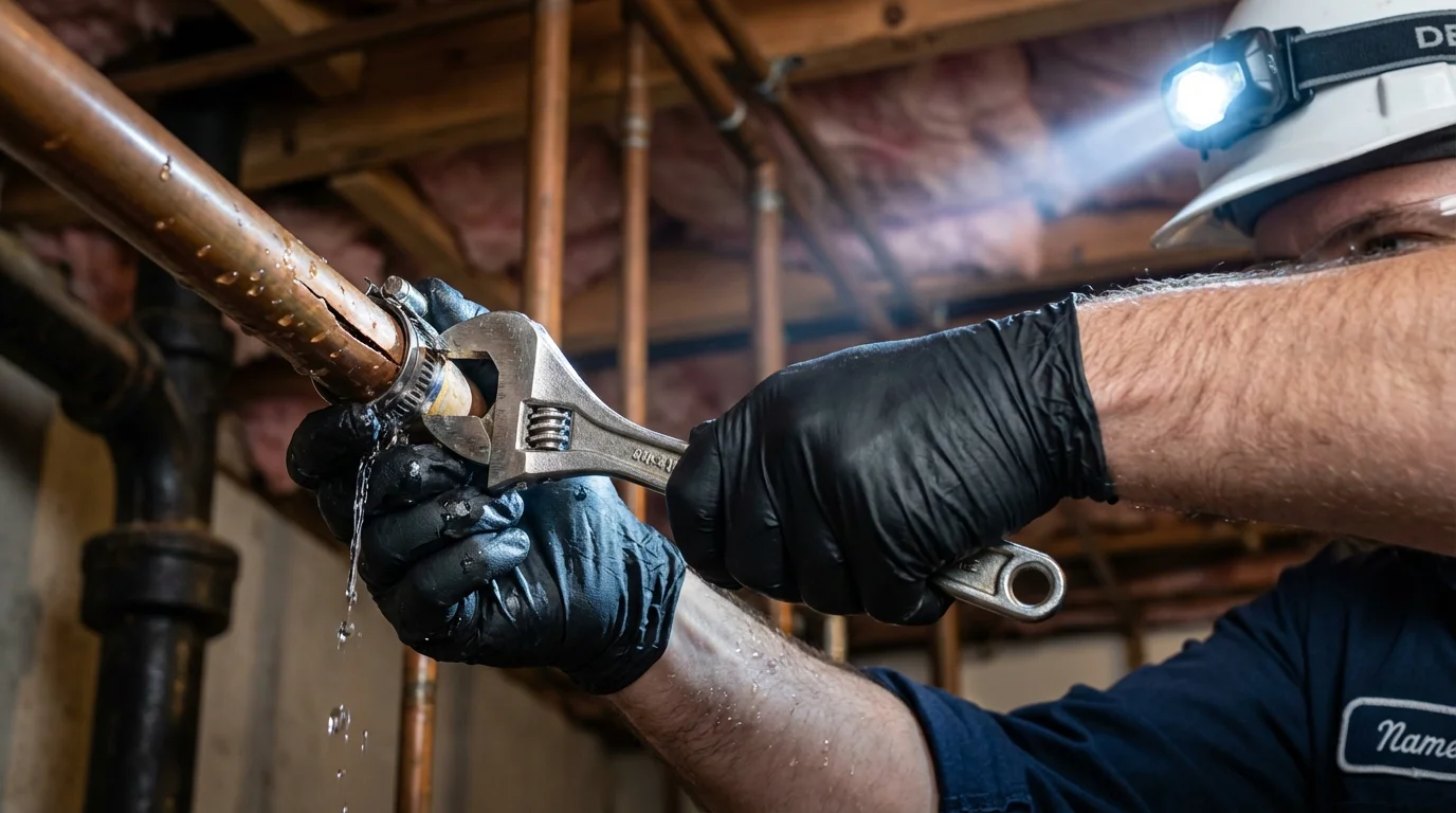 Emergency pipe clamp repair being performed by a Johns Plumbing LLC plumber in Grants