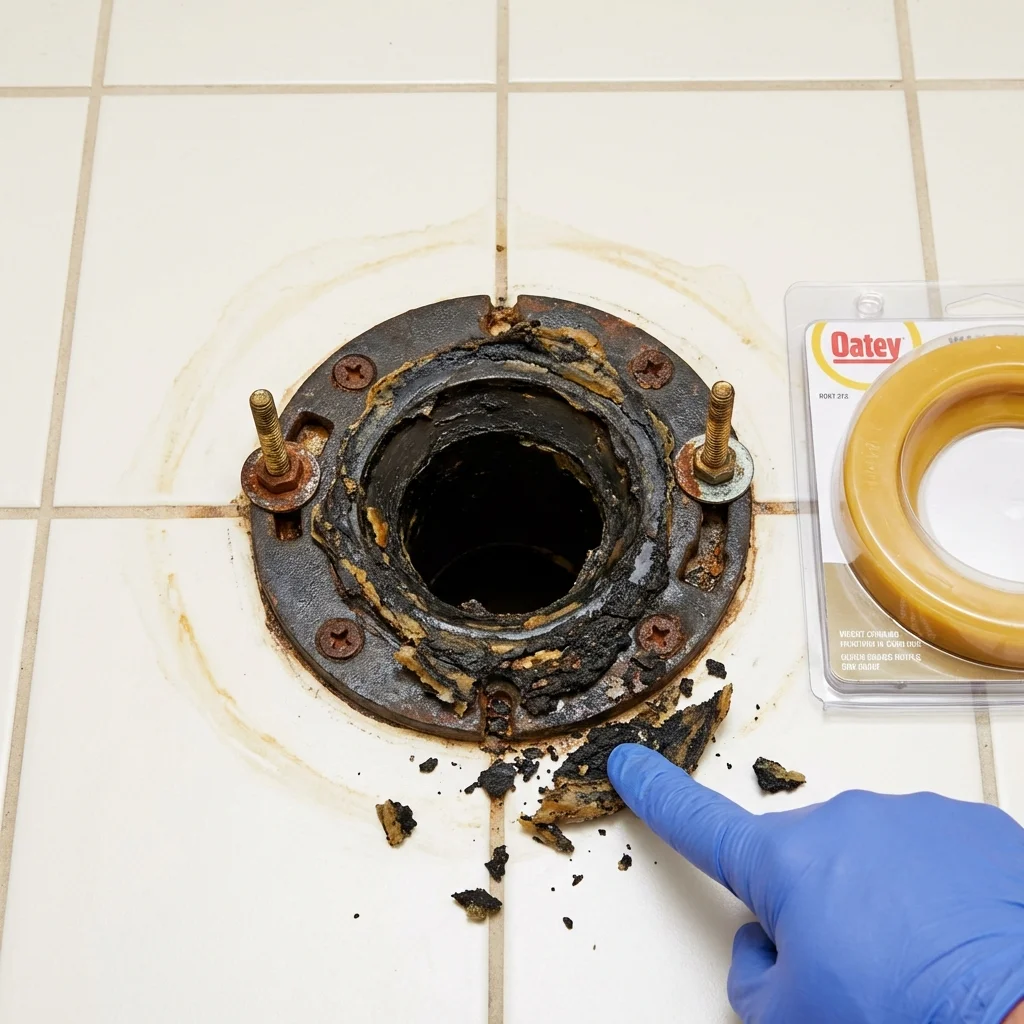Failed wax ring showing water seepage at the base of a toilet in a Grants, NM home