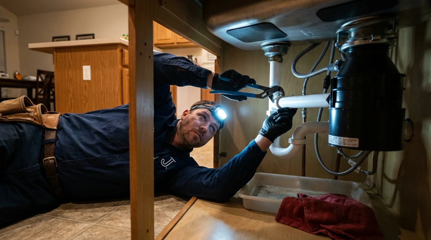 P-trap and supply line connections under a kitchen sink showing a common leak point in Grants, NM